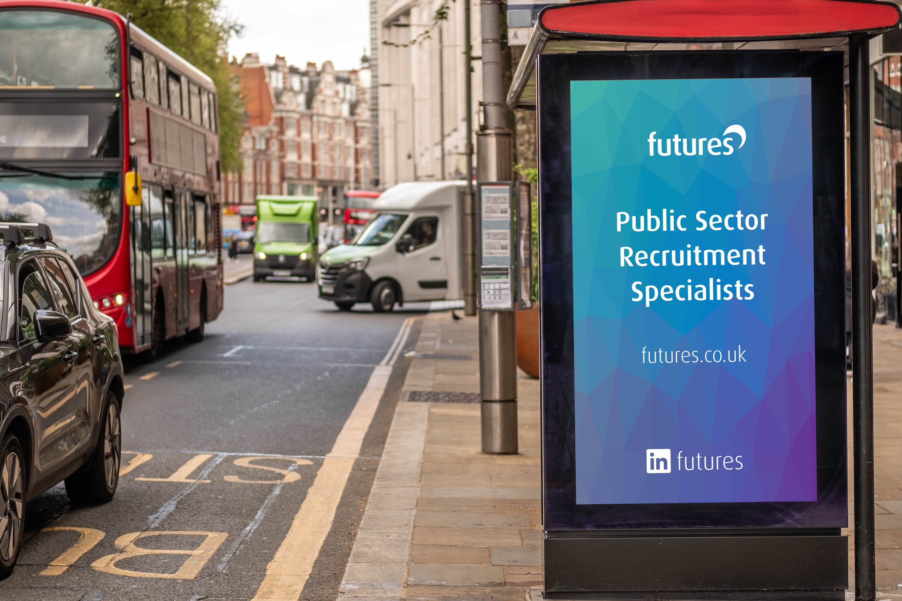Futures Public Sector Recruitment Specialists billboard artwork shown on a London street