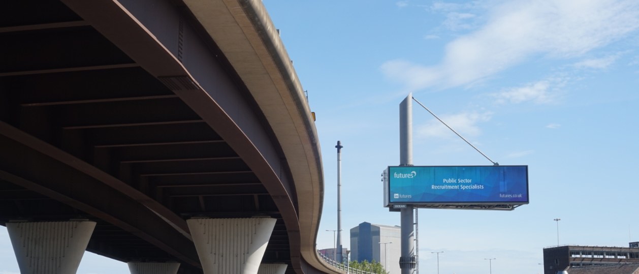 Futures digital billboard on Ocean Outdoor site in Leeds, visible from motorway