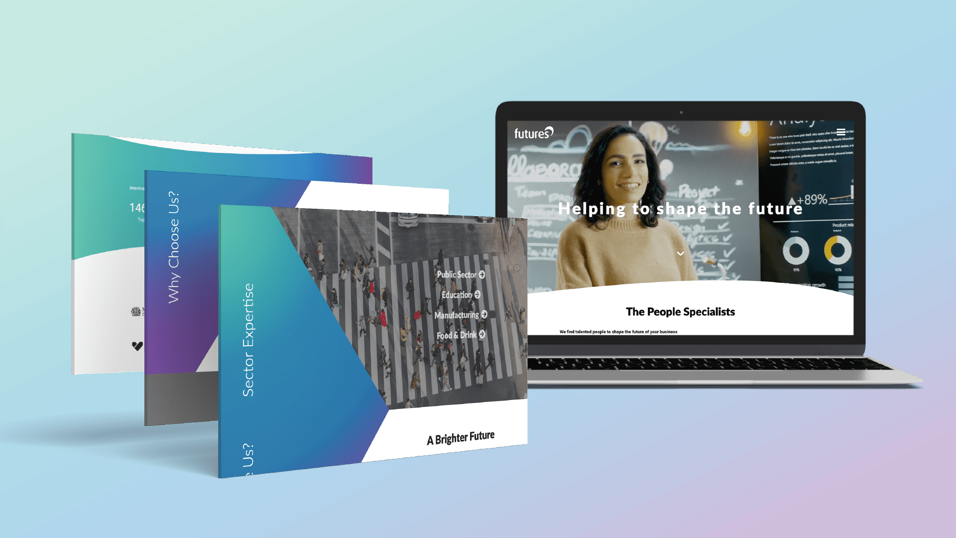 Futures website shown across multiple page layouts in a laptop mockup