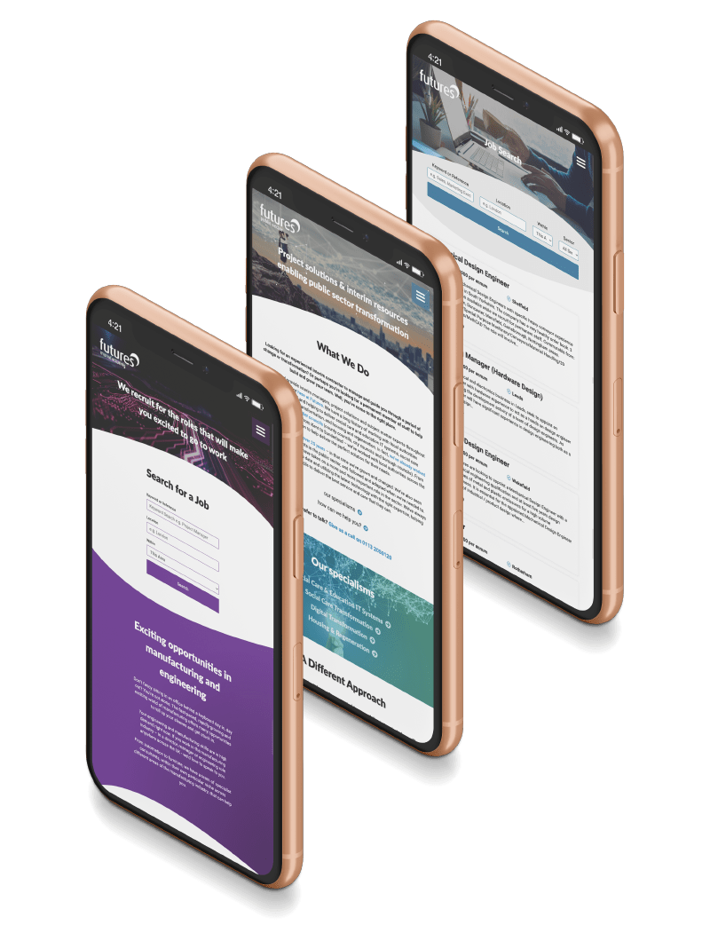 Futures website shown across three mobile devices - manufacturing, public sector and job search pages