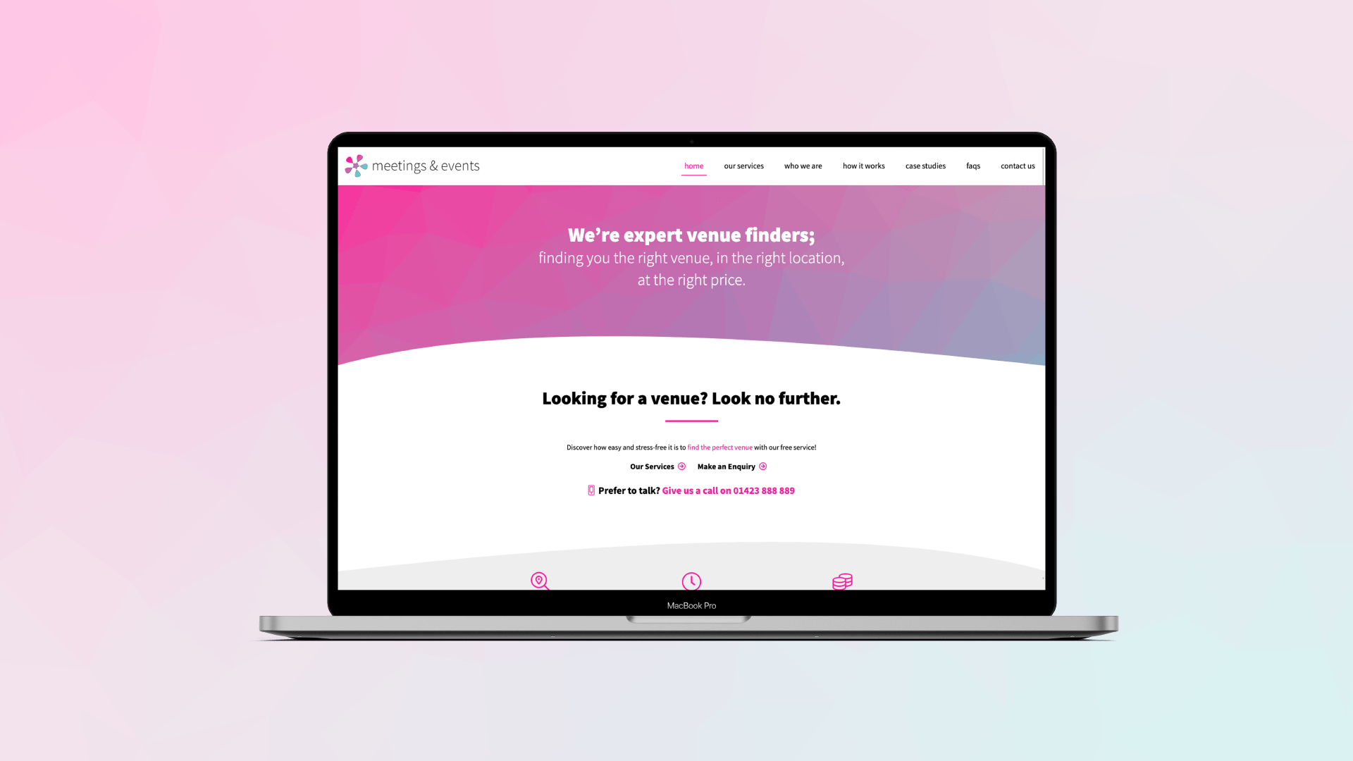 Meetings and Events website shown on a MacBook - expert venue finding service