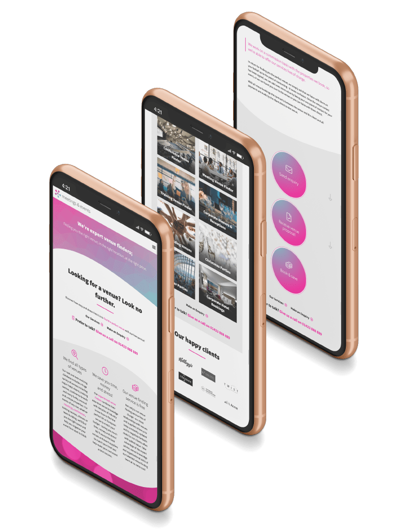 Meetings and Events website shown on mobile devices - fully responsive venue finding platform