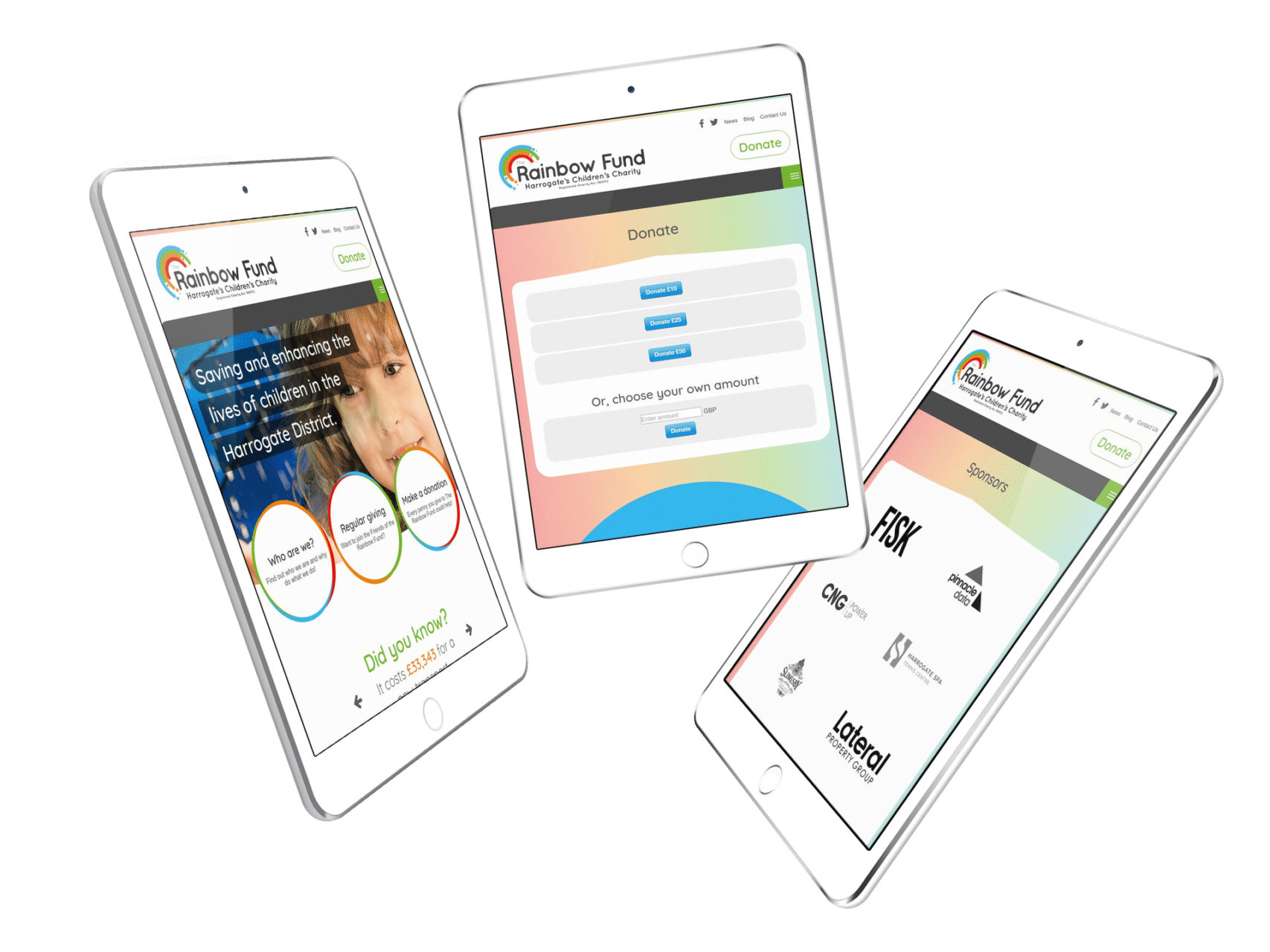 The Rainbow Fund website shown across multiple devices - Harrogate children's charity